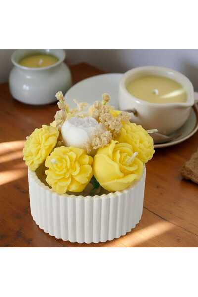 MODA Küçük Boy Sarı–Beyaz Çiçek Buketi Kokulu Vazo Mum – %100 Soya Wax – Taş ...