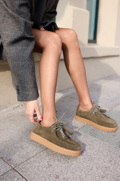 ANGELİNA JONES Lemario Women's Khaki Genuine Leather Suet Lace-Up Detail Loafer Shoes