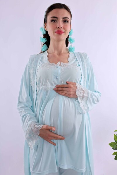 ByLohusa Pregnant Maternity Sleepwear Set with Effortt Turquoise Dressing Gown