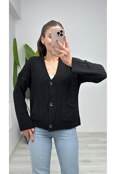 TUNAM BUTİK 4966 Pocket Detailed V-Neck Knitwear Cardigan Black