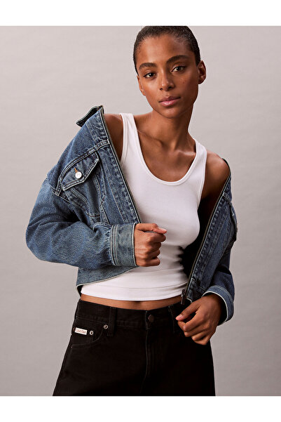 Calvin Klein Cropped Zip Up Denim Jacket