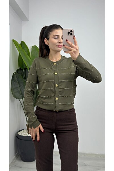 TUNAM BUTİK 338-Special Glitter Striped Mercerized Cardigan Khaki
