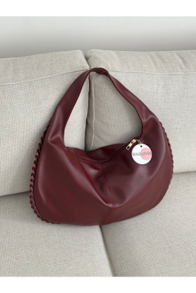 BAGLOVİS Braided Edges Single Strap Large Casual Burgundy Women's Shoulder Bag En43 Boy27