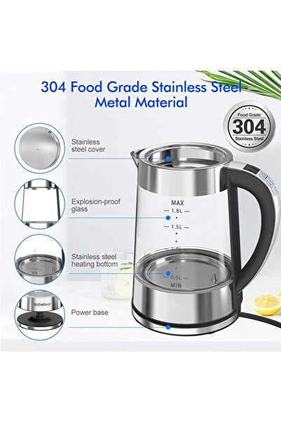 Denx DX3408 Electric Kettle with Borosilicate Glass, 1.8 Liter Capacity, 1500 Watts