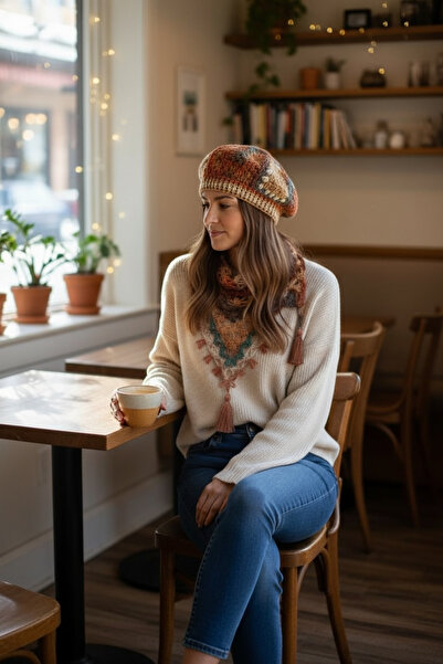 Satürn Hobi Knitted Bohemian Painter Beret & Neck Collar Set