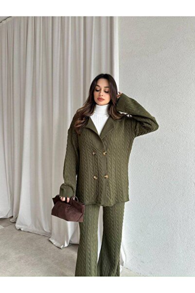 Narstorm Women's Braided Khaki Knitwear Buttoned Jacket Set