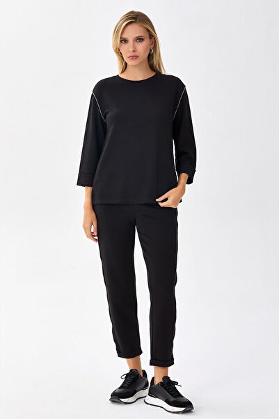 İKİLER Crew Neck Stone Striped Detail Sweatshirt