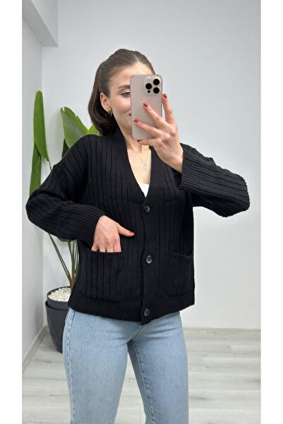 TUNAM BUTİK 4966 Pocket Detailed V-Neck Knitwear Cardigan Black