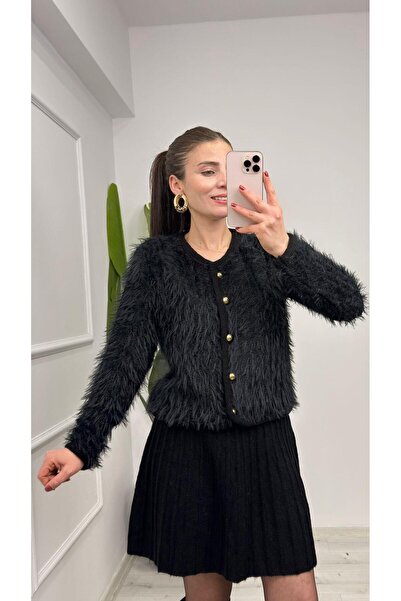 TUNAM BUTİK 4938 Gold Button Detailed Soft Cardigan Black