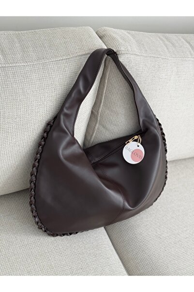 BAGLOVİS Braided Edges Single Strap Large Casual Brown Women's Shoulder Bag En43 Boy27