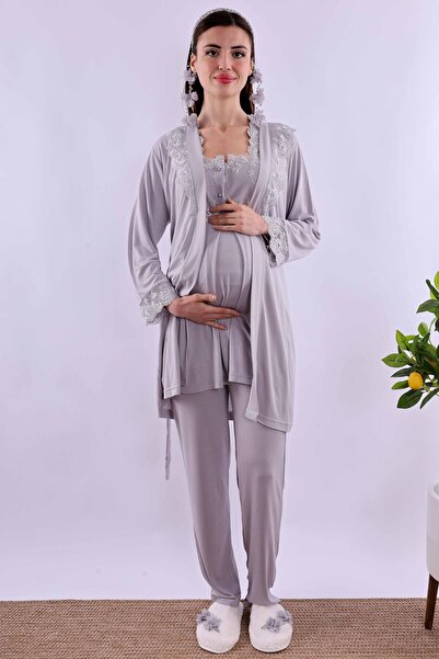 ByLohusa Effortt Gray Maternity Pajamas Set with Dressing Gown