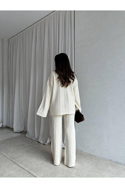 Narstorm Women's Braided Hair Cream Knitwear Buttoned Jacket Set