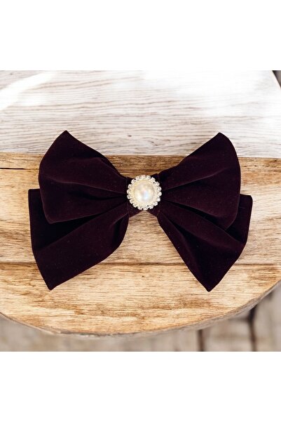 Rachel Suede Velvet Burgundy Large Design Pearl Crystal Stone Bow Buckle -16 cm