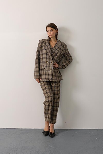 Kinzi Kareli Oversize Kahve Blazer Ceket