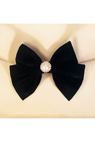 Rachel Suede Velvet Black Large Design Pearl Crystal Stone Bowknot Buckle -16 cm