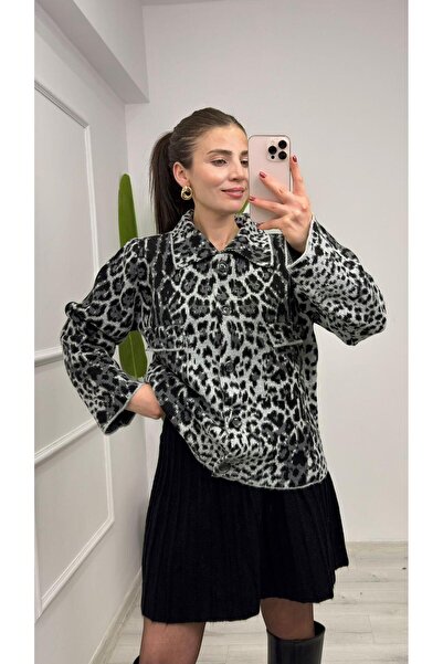 TUNAM BUTİK 4672 Polo Neck Leopard Patterned Cardigan with Pockets Black