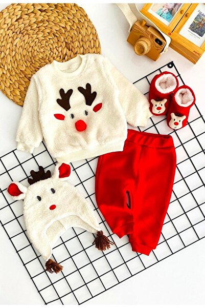 Necix Unisex Christmas Themed Deer Pattern Beret with Gloves Welsoft Fabric Set