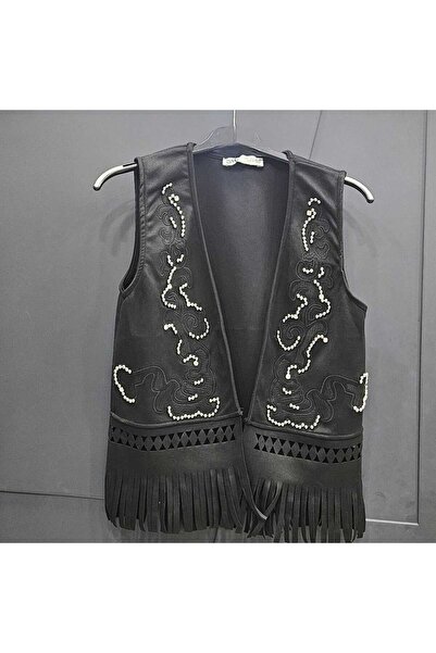 DİMA Laser Stone Detailed Tasseled Suede Vest