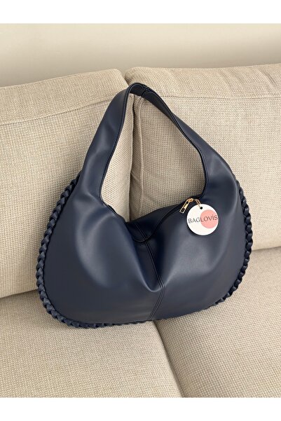 BAGLOVİS Big Casual Navy Blue Women's Shoulder Bag with Knitted Edges and Single Strap En43 Boy27