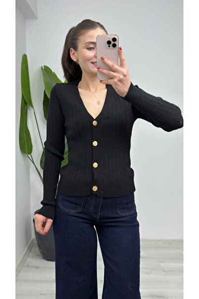 TUNAM BUTİK 4883 V-Neck Gold Buttoned Knitwear Cardigan Black