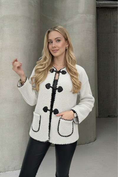 ALFUDO Moda Collection Ecru Buttoned Plush Women's Coat