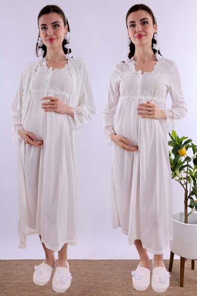 ByLohusa Effortt Ecru Maternity Nightgown Set with Dressing Gown
