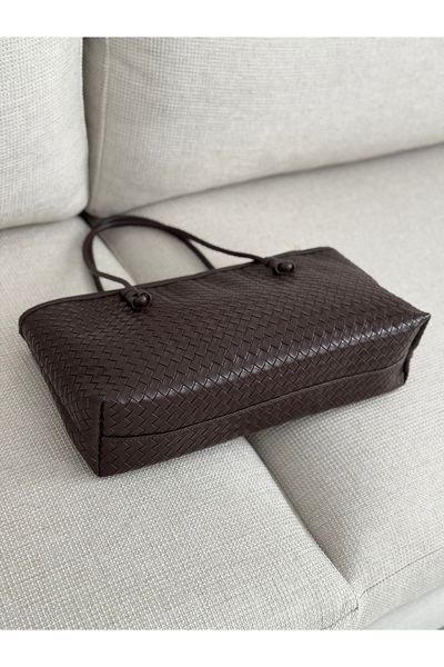 BAGLOVİS Classic Medium Size Knit Detail Brown Women's Shoulder Bag En40 Boy20