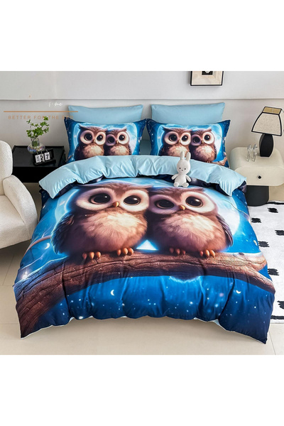 FIONNA.RO Lenjerie De Pat Finet 4 Piese Cu Elastic 5D 1 Persoana - Bufnite Su...