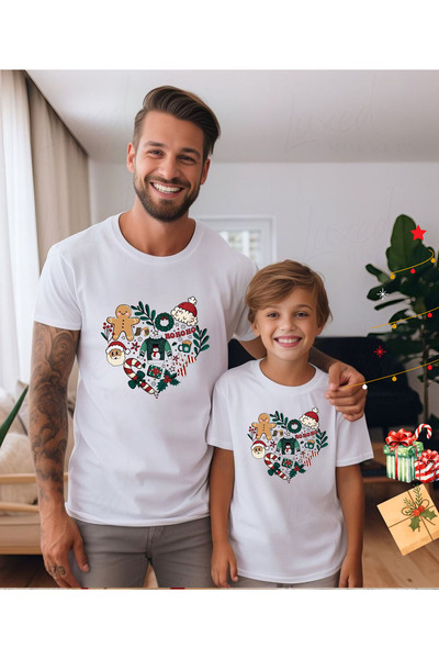 ASELİNDA Heart Detailed Christmas Themed T-Shirt - Family Matching T-Shirt (Add Items to Make a Matching Set)