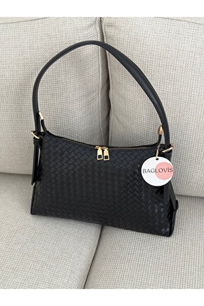 BAGLOVİS Baguette Black Women's Shoulder Bag with Adjustable Strap and Knitted Pattern En30 Boy20