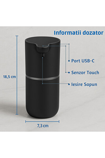 Skyline Orbion Dozator Săpun Spumă Automat, Senzor & Touch, 400ml, Reîncărcabil USB-C, Negru Mat