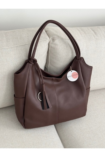 BAGLOVİS Large Size Brown Casual Women's Shoulder Bag with Ribbon and Tassel En45 Boy30