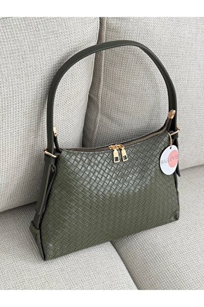 BAGLOVİS Baguette Khaki Women's Shoulder Bag with Adjustable Strap and Knitted Pattern En30 Boy20