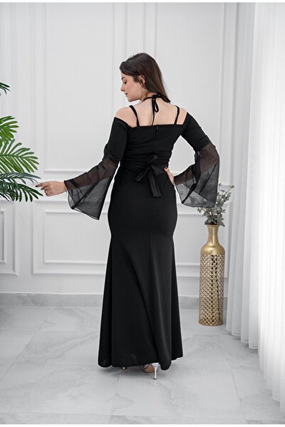 TREN Elegant Black Evening Dress with Sheer Bell Sleeves Off Shoulder Maxi Gown for Women Formal Wear
