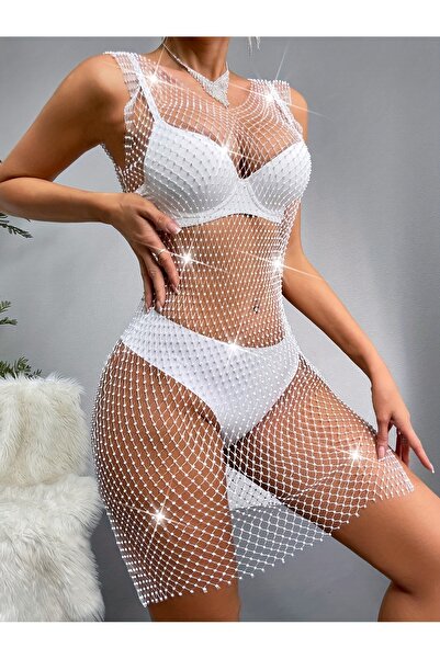 Veille Βραδινό φόρεμα, Γυναικείο φόρεμα από πέτρινο διχτυωτό ύφασμα, μπλούζα με πέτρες παρέο, κομψό φόρεμα με πέτρες για πάρτι, ρούχα παραλίας