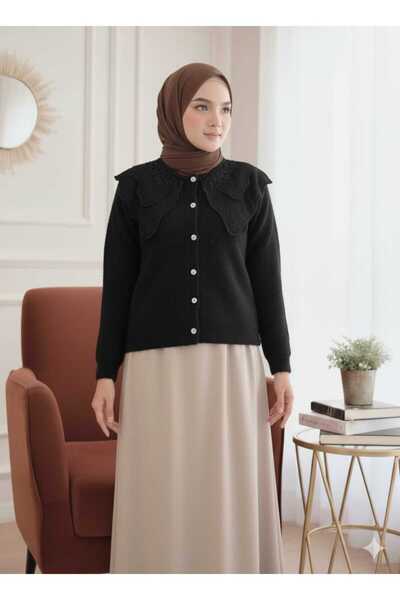 QUAWEAR Double Layer Lace Crew Neck Stone Metal Button Angora Cardigan with Skirt Top