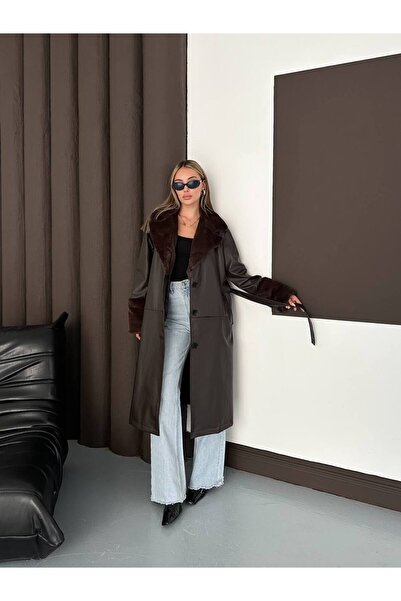 MAXXANA Faux Leather Trench Coat with Fur Detail