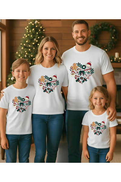 ASELİNDA Heart Detailed Christmas Themed T-Shirt - Family Matching T-Shirt (Add Items to Make a Matching Set)
