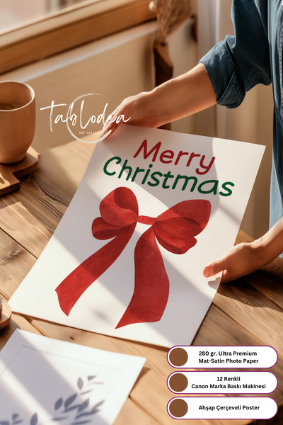 tablodea Merry Christmas Kırmızı Fiyonk Desenli Yılbaşı Dekoru Çerçeveli Poster D Minimalist Yeni Yıl Tablosu