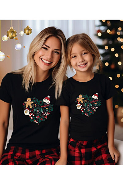 ASELİNDA Heart Detailed Christmas Themed T-Shirt - Family Matching T-Shirt (Add Items to Make a Matching Set)