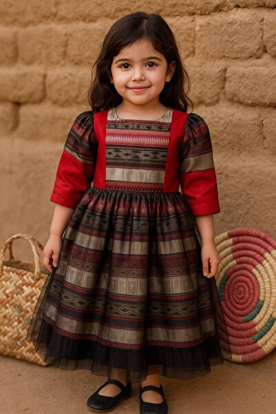 La reina petite Larina Petite red folk dress with black tulle