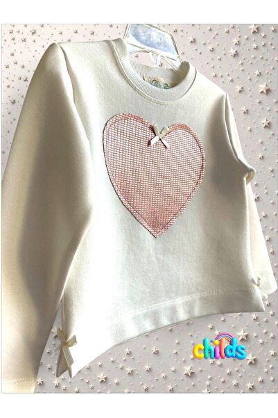 childs Long-Sleeved Winter Shardonsoz Heart and Bow Detailed Cotton Stretch Fabric Sweatshirt
