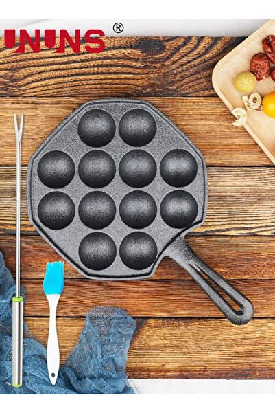 lnkoo UNUNS Takoyaki Pan 12-pits Cast Iron Non-Stick with 2 Sticks, Glove & Brush, Black