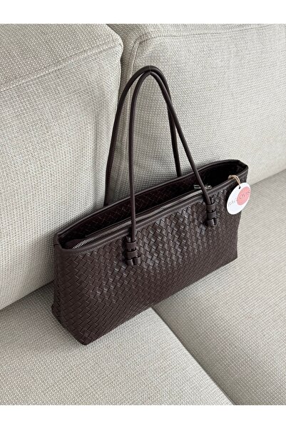 BAGLOVİS Classic Medium Size Knit Detail Brown Women's Shoulder Bag En40 Boy20