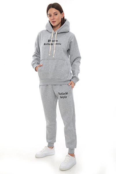 PHANTOM JEANS Gray Fleece Stylish Women's Tracksuit Set with Elasticated Legs and Pockets Hooded Embroidery Detail Compact Set