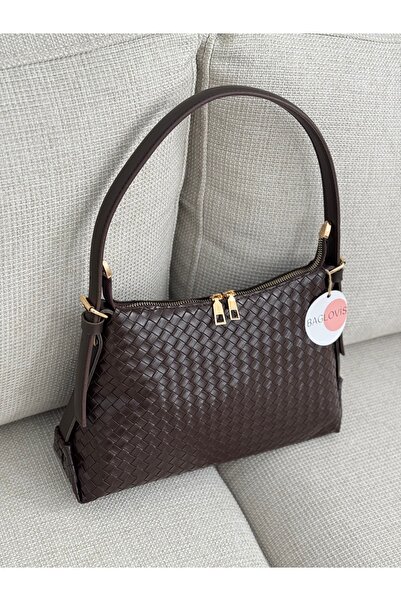 BAGLOVİS Baguette Brown Women's Shoulder Bag with Adjustable Strap and Knitted Pattern En30 Boy20