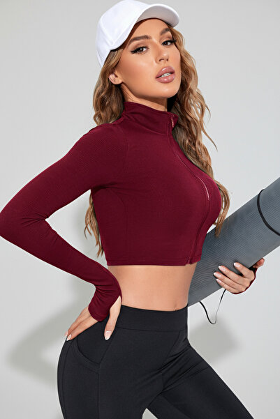juanbeautyy Women's Burgundy Long Sleeve Zippered Finger-Loop Detailed Mock Neck Crop Top Blouse