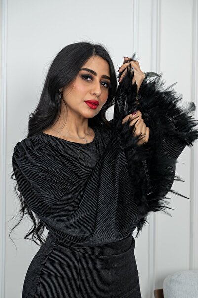 TREN Elegant Black Feather Sleeve Midi Dress | Velvet Evening Cocktail Party Formal Bodycon Outfit