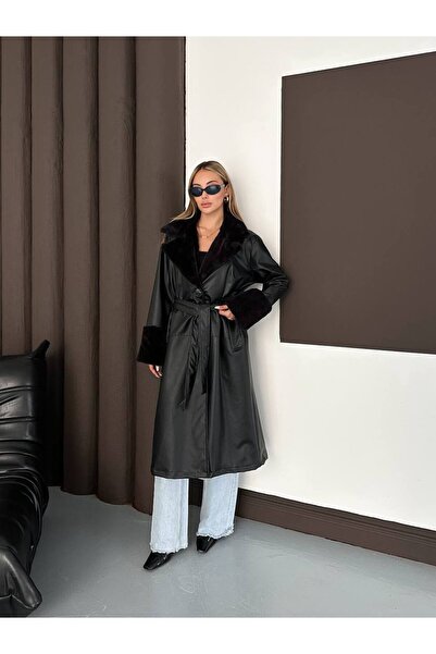 MAXXANA Faux Leather Trench Coat with Fur Detail