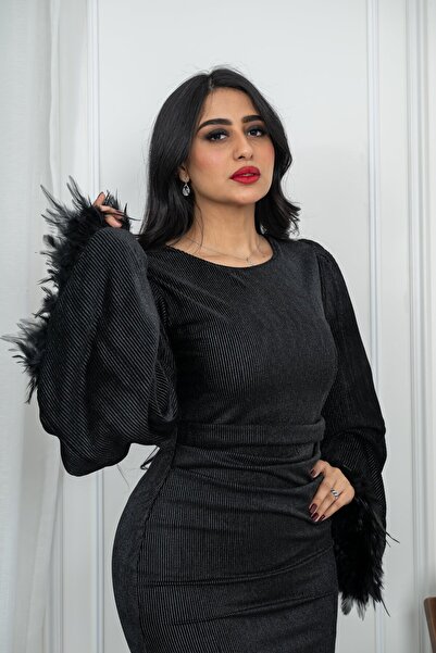 TREN Elegant Black Feather Sleeve Midi Dress | Velvet Evening Cocktail Party Formal Bodycon Outfit